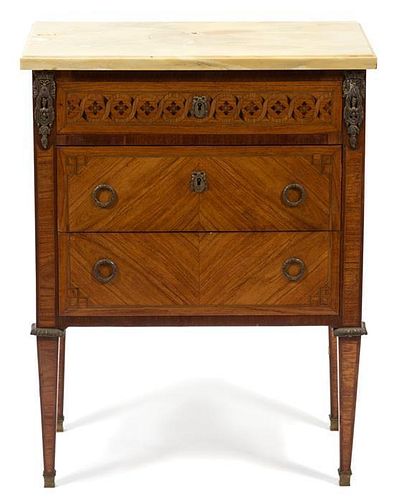 A Louis XVI Parquetry Style Marble Top Side Cabinet