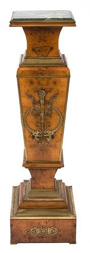 A French Empire Gilt Bronze Mounted Burlwood Marble Top Pedestal Height 50 1/2 x width 14 1/2 x depth 14 1/2 inches.
