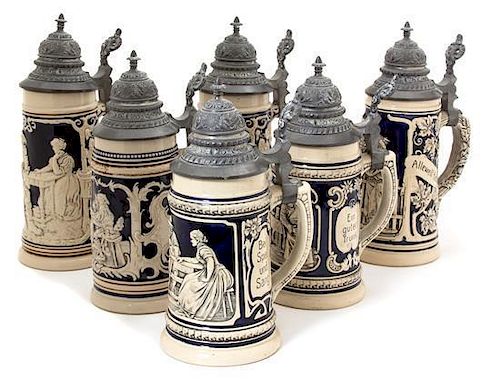 A Collection of Six German Pottery Steins Height 8 1/2 x diameter 3 3/4 inches.