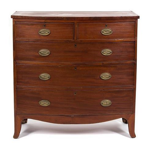 An American Hepplewhite Style Cherry Bow Front Chest of Drawers Height 43 1/4 x width 41 x depth 19 1/2 inches.