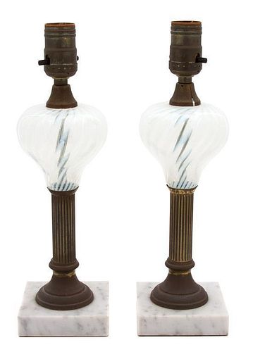 A Pair of American Swirled Glass and Brass Oil Lamps Height 13 inches.