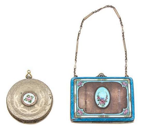 Two French Enameled Silver Compacts Largest height 3 x width 3 1/3 x depth 1/2 inches.