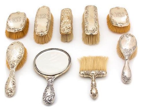 A Miscellaneous Collection of Sterling Silver Vanity Articles Length of mirror 9 1/4 inches