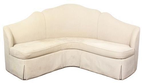 A Contemporary Upholstered Corner Banquette Height 49 x width 104 x depth 54 inches.