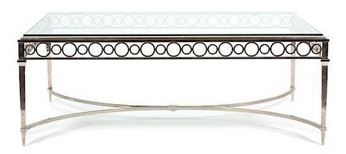 A Neoclassical Style Glass Top Metal Coffee Table Height 19 x width 50 1/2 x depth 38 inches.