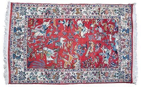 A Qum Pictorial Hunting Scene Rug 6 feet 11 inches x 4 feet 5 inches.