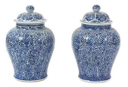 A Pair of Blue and White Chinese Export Porcelain Covered Jars