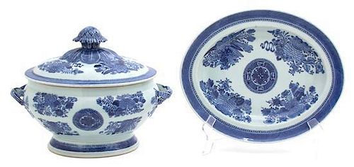 A Chinese Export Blue and White Fitzhugh Tureen and Undertray