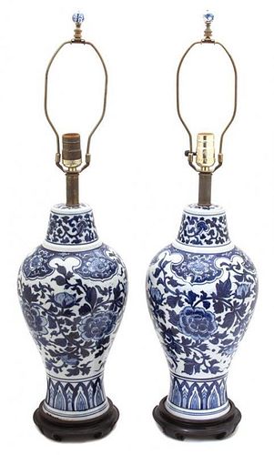 A Pair of Blue and White Chinese Export Porcelain Lamps