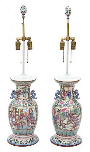 A Pair of Chinese Export Famille Rose Vases Height 39 inches.