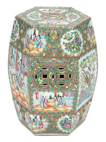 A Chinese Export Rose Medallion Octagonal Barrel-Form Garden Seat Height 19 x diameter 13 1/2 inches.