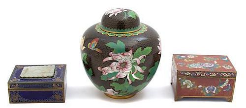 A Group of Three Chinese Cloissone Articles Height of tallest 6 1/2 x diameter 6 inches.