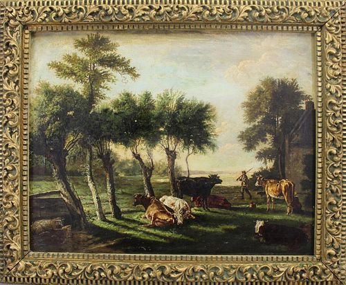 19th C. Bucolic Landscape with Figure, Cattle
