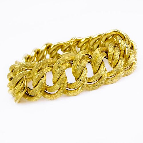 Vintage Italian 18 Karat Yellow Gold Wide Link Textured Link Bracelet.