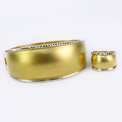 Vintage Italian 18 Karat Yellow Gold Hinged Cuff Bangle Bracelet and Wide Band Ring Suite.