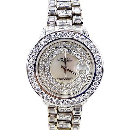 Man's Rolex 18 Karat White Gold Day Date Oyster Perpetual Set Throughout with Approx. 28.0 Carat Round Brilliant, Princess an