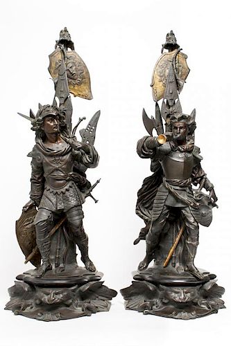 German Bronze Knight Sculptures-Antique Large Pair