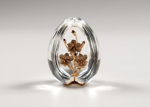 Steuben Crystal Egg with 18K Gold Floral Decoration