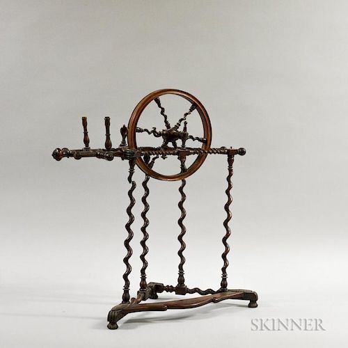 Carved, Turned, and Inlaid Hardwood Parlor Spinning Wheel, ht. 24, wd. 25 in.