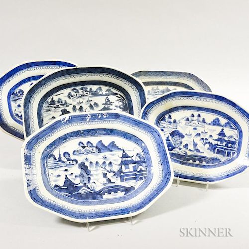 Five Small Canton Porcelain Octagonal Platters, lg. to 12 in.