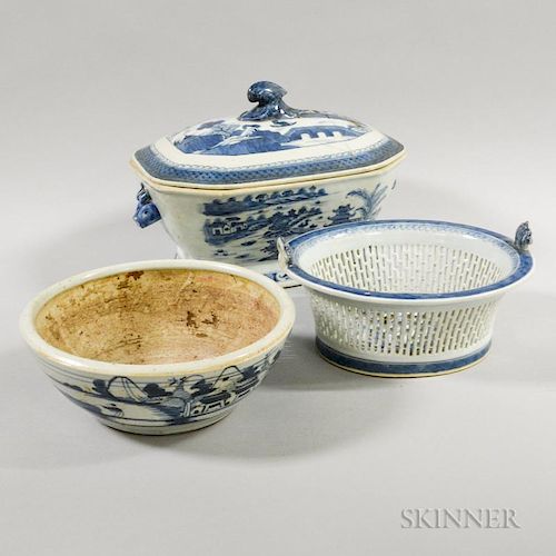 Canton Porcelain Basket, Bowl, and Covered Serving Dish, (restoration), ht. to 9, wd. to 13 1/2 in.