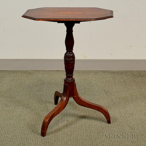 Federal Carved and Inlaid Octagonal Mahogany Tilt-top Candlestand, (imperfections), ht. 27 1/4, wd. 14, dp. 21 in.