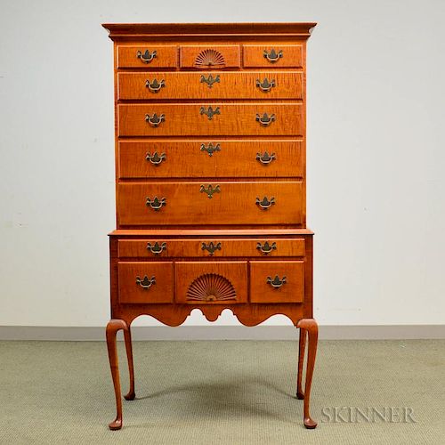 Eldred Wheeler Queen Anne-style Fan-carved Tiger Maple High Chest, ht. 71, wd. 36 3/4, dp. 19 1/2 in.