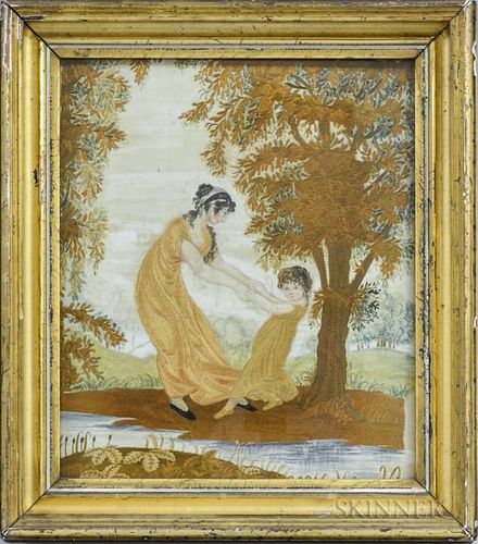Framed Needlework Picture of a Mother and Daughter, ht. 16 3/4, wd. 15 in.