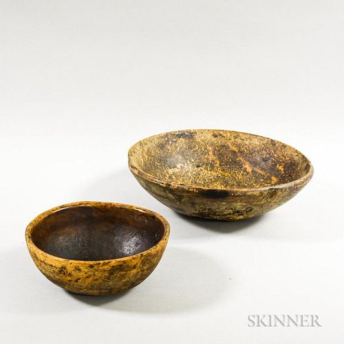 Two Turned Burl Bowls, 19th century, ht. to 4 1/4, dia. to 14 1/2 in.