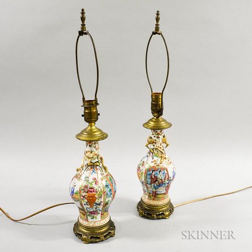 Pair of Famille Rose Porcelain Vases, mounted as lamps, vase ht. 10 in.