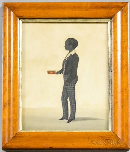 English Watercolor Silhouette of a Boy Holding a Book, 19th century, ht. 12 1/2, wd. 10 1/2 in.
