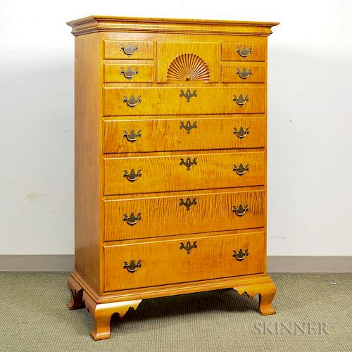 Eldred Wheeler Chippendale-style Tiger Maple Fan-carved Tall Chest, ht. 56, case wd. 33 1/4, dp. 17 1/2 in.
