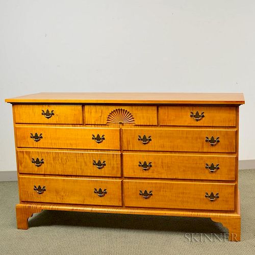 Eldred Wheeler Queen Anne-style Fan-carved Tiger Maple Chest of Drawers, ht. 35 3/4, wd. 60 1/2, dp. 20 1/2 in.