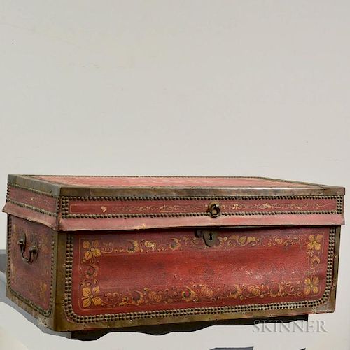 Chinese Export Brass-bound Leather and Camphorwood Trunk, 19th century, ht. 12 3/4, wd. 29, dp. 15 3/4 in.