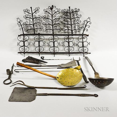 Wrought Iron Utensil Rack and Utensils, including a skewer holder and skewers, two skimmers, a small ladle, and two spatulas.