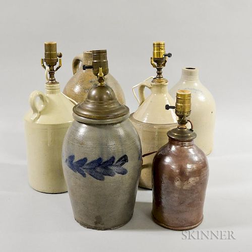 Six Pieces of Stoneware, an advertising jug inscribed "A.C. Stevens/Druggist/14 Middlesex St/Lowell," a Burbank, Douglass & C