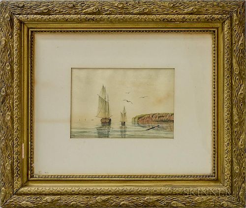 American School, 19th Century  Coastal Scene with Boats. Monogrammed "HB" l.l. Watercolor on paper, 6 1/2 x 9 1/2 in., framed