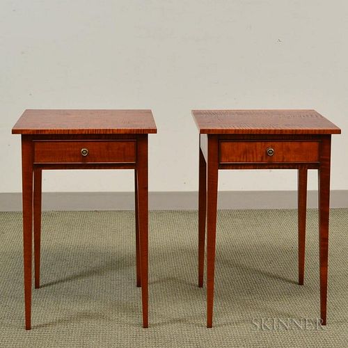 Pair of Eldred Wheeler Federal-style Tiger Maple One-drawer Stands, ht. 27 1/2, wd. 18 3/4, dp. 17 1/2 in.