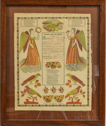 Framed Hand-colored Taufschein Print, 19th century, ht. 21 1/2, wd. 17 3/4 in.
