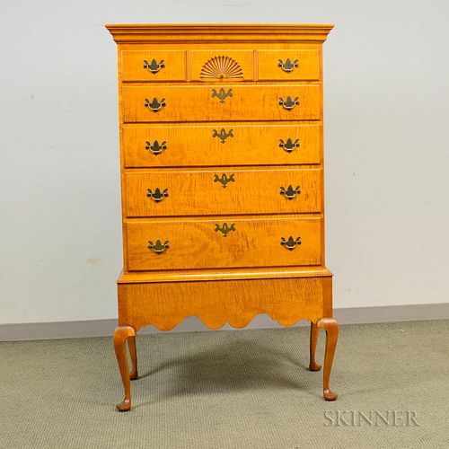 Eldred Wheeler Queen Anne-style Tiger Maple Chest-on-frame, ht. 62 3/4, wd. 36 3/4, dp. 19 1/2 in.