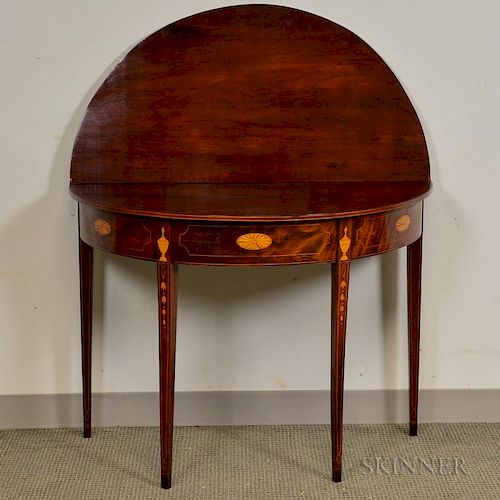 Federal Inlaid Mahogany Demilune Card Table, the legs with inlaid urns and bellflowers, ht. 28 3/4, wd. 38, dp. 18 in.