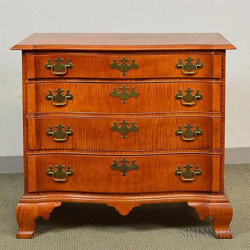 Eldred Wheeler Chippendale-style Tiger Maple Oxbow Chest of Drawers, ht. 33 1/4, wd. 37 1/2, dp. 20 1/2 in.