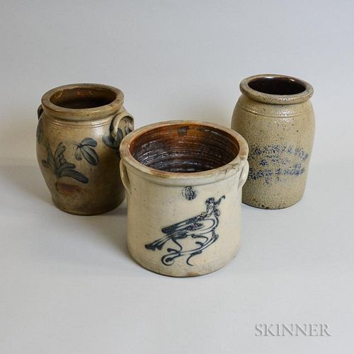Three Cobalt-decorated Stoneware Vessels, ht. to 9 1/4 in.