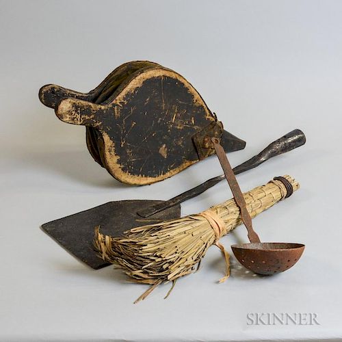 Small Group of Wood and Iron Hearth Items, including a rack, a pair of bellows, a broom, a ladle, and a head of a peel.