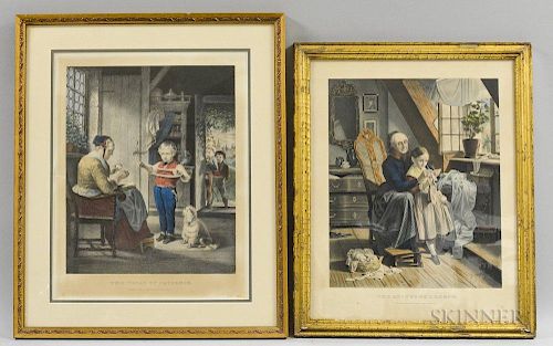 Two Framed Currier & Ives Engravings, The Knitting Lesson and The Trial of Patience.