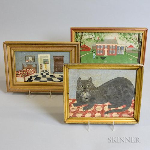 Three Framed Natalee Everett Goodman Primitive Folk Paintings, ht. to 9, wd. to 15 in.