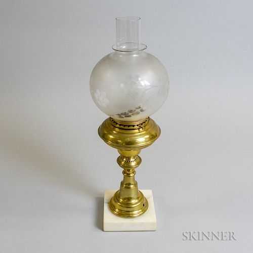 Cornelius & Baker Brass and Etched Glass Fluid Lamp, ht. 19 3/4 in.