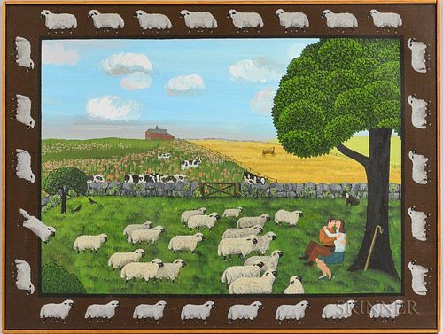 Barbara Chipman Moment (American, 20th/21st Century)  The Happy Shepherd. Signed and titled on the reverse. Oil on canvas, 24