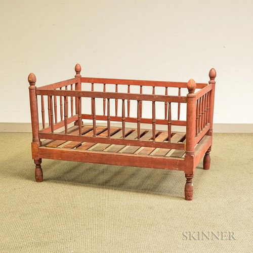 Country Red-stained Turned Maple Crib, ht. 31 1/2, wd. 46 1/4, dp. 32 in.