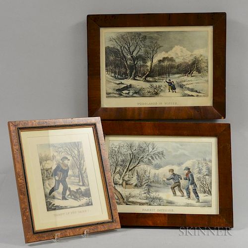 Three Framed Currier & Ives Engravings, Throw If You Dare, Woodlands In Winter, and Rabbit Catching.